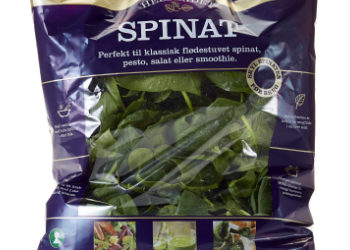 Emballagedesign af spinatpose for Yding Grønt.